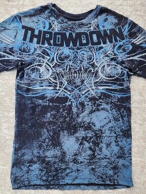 Y2K Throwdown By Affliction Cyber Grunge Skull Graphic Tee, Blue and Black Sz S